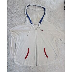 Tommy Hilfiger Lightweight Hoodie Zip Up White Woman's Size 1X Roll Tab‎ Sleeve